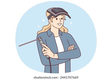 Woman with welding machine and mask protecting eyes stands with arms crossed and looks forward smiling. Professional girl welder working in industrial plant or in car workshop. Flat vector design