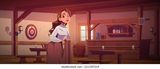 Woman in western cowboy saloon, young hostess wear long dress in old tavern, beer pub or bar interior with retro wooden furnishing and barrel. Game or book female character Cartoon vector illustration