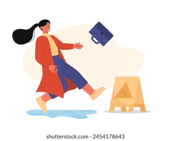 Woman at wet floor. Young girl slipping near yellow cautions sign. Accident and misfortune. Character with tauma and injury. Cartoon flat vector illustration isolated on white background