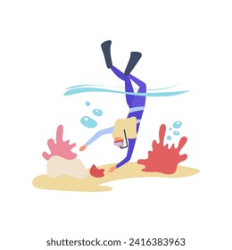 Woman in wetsuit diving to bottom of sea or ocean, enjoying coral reefs vector illustration