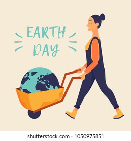 Woman with wheelbarrow and a globe. Earth day concept. Vector illustration
