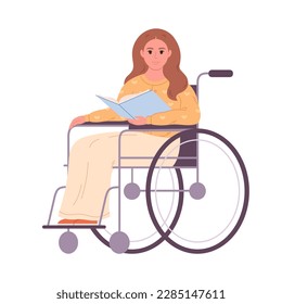 Woman in wheelchair with book. Reading, literature, teaching. School teacher, librarian, business woman. Vector illustration in flat style