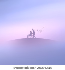 Woman in wheelchair. Couple in paradise. Death, afterlife. Foggy cloud