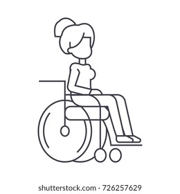 woman in wheelchair for disabled people vector line icon, sign, illustration on background, editable strokes