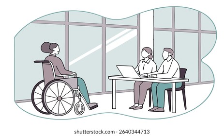 Woman in wheelchair engaged in conversation with two individuals at a table, showcasing inclusivity and collaboration in a modern office environment with large windows