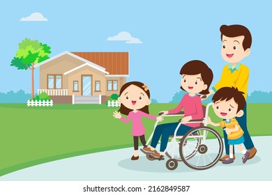 woman in wheelchair and family,Lovely family rehabilitating patient in wheelchair