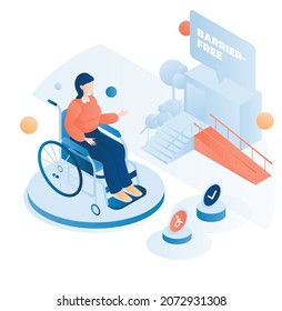 Woman in wheelchair in front of multistorey house building with access ramp at entrance door, flat vector isometric illustration. Barrier free environment. Accessible house.