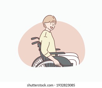 woman in wheelchair. Hand drawn style vector design illustrations.