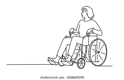 Woman in a wheelchair. Hand drawn vector illustration. Black and white.