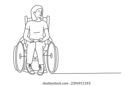 Mujer en silla de ruedas. Ilustración vectorial dibujada a mano. Blanco y negro.