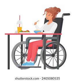 Mujer en silla de ruedas almorzando. Señora con movilidad limitada comiendo dibujos animados ilustraciones vectoriales