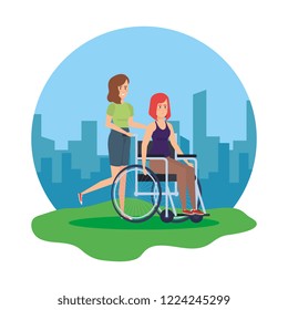woman in wheelchair and helper characters
