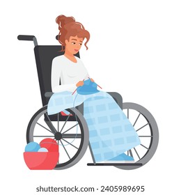 Woman in wheelchair knitting. Young lady with limited mobility leisure time cartoon vector illustration