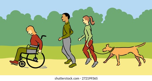 Woman in wheelchair with a man and woman and pet dog exercising outside, green clothing