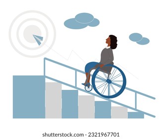 Woman in a wheelchair moving up the career ladder. Achievement of the goal. Career growth of a person with disabilities. World disability day. Concept to success. Inclusive society. 