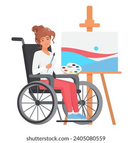 Woman in wheelchair painting. Young lady with limited mobility leisure hobby time cartoon vector illustration