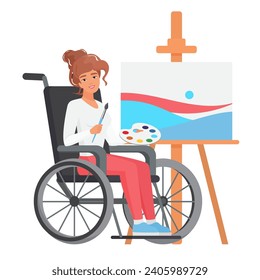 Woman in wheelchair painting. Young lady with limited mobility leisure hobby time cartoon vector illustration