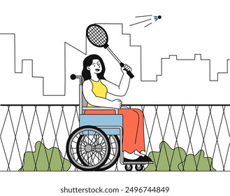 Woman at wheelchair play tennis. Young girl with disabilities hits tennis ball with racket. Active lifestyle and sports. Hobby and leisure. Linear vector illustration isolated on white background