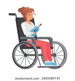 Woman in wheelchair playing small guitar. Young lady with limited mobility with musical instrument cartoon vector illustration