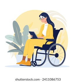 A woman in a wheelchair is reading a tablet with plants behind her in a vector illustration.