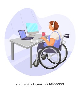 Mulher em cadeira de rodas usando computador e bebendo café, estilo plano, fundo de escritório interior, conceito de trabalho remoto e acessibilidade. Ilustração vetorial