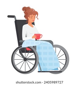 Woman in wheelchair with warm drink. Lady with limited mobility drinking coffee cartoon vector illustration