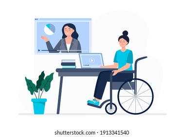 A woman in the wheelchair watches video lessons. Online education, e-learning, studying at home. Vector flat illustration.