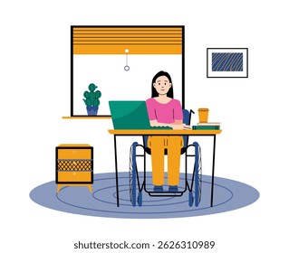 Woman in wheelchair working at home desk with laptop. Independent professional, inclusive modern lifestyle. Accessibility disability empowerment topic. Flat vector illustration.