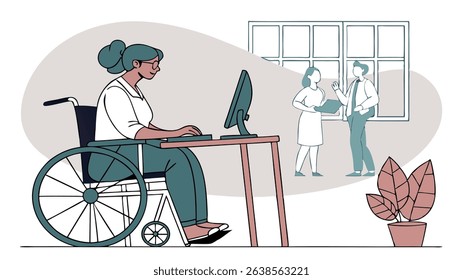 Woman in wheelchair working on computer at desk, with colleagues discussing in background, showcasing inclusive workplace environment and collaboration in modern office setting
