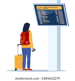 Woman with wheeled suitcase and backpack looks at the departures board at airport. Passenger in airport waiting room or departure lounge with information panel. Travel concept. Vector illustration