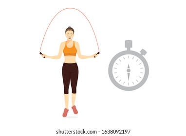 Woman while jump Skipping Rope with stopclock symbol over her head. Illustration about best time and countdown to cardio workout.