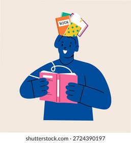 Mujer mientras lee el libro y hay libros en su cabeza. Ilustración vectorial colorida
