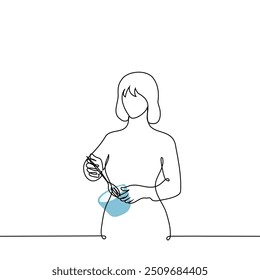 woman whisking in deep bowl - one line art vector. concept woman cooking, female chef. Handmade vector not AI