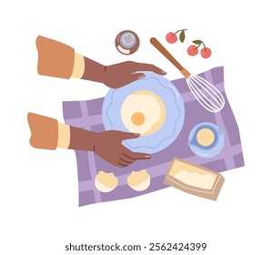 Woman whisking eggs, fried egg cooking on breakfast or lunch flat cartoon vector illustration. Broken eggshell, milk in jar, butter and salt, fresh tomatoes culinary recipe of egg with yolk