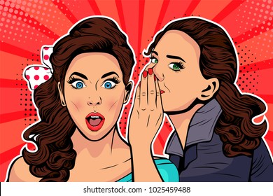 Woman whispering gossip or secret to her friend. Colorful vector illustration in pop art retro comic style. 