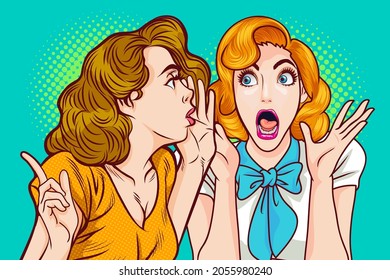 Woman Whispering Gossip Or Secret To Her Friend In Retro Vintage Pop Art Comic Style