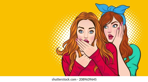 Woman whispering gossip or secret to her friend covered her mouth pop art comics style