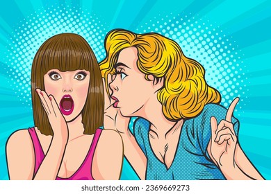 Woman whispering gossip or secret to her friend pop art comics style