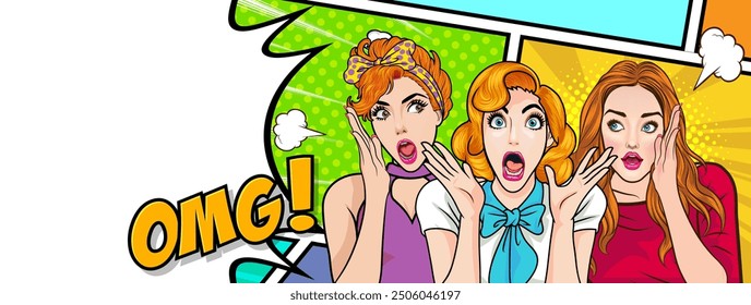 Woman whispering gossip or secret to her friend surprise In Retro Vintage Pop Art Comic Style