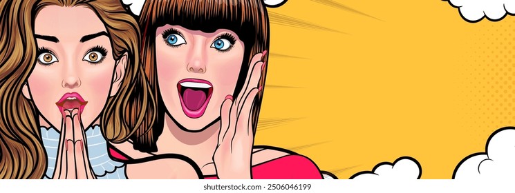 Woman whispering gossip or secret to her friend surprise In Retro Vintage Pop Art Comic Style