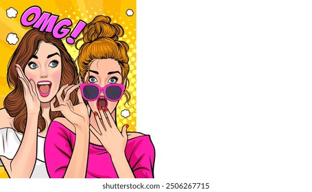 Woman whispering gossip or secret to her friend surprise In Retro Vintage Pop Art Comic Style