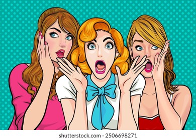 Woman whispering gossip or secret to her friend surprise In Retro Vintage Pop Art Comic Style