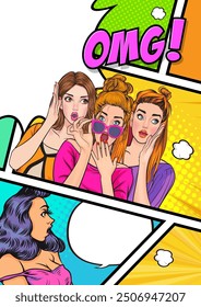 Woman whispering gossip or secret to her friend surprise In Retro Vintage Pop Art Comic Style