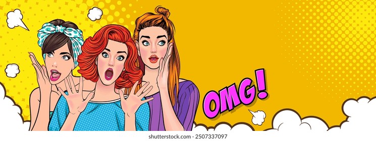 Woman whispering gossip or secret to her friend surprise In Retro Vintage Pop Art Comic Style
