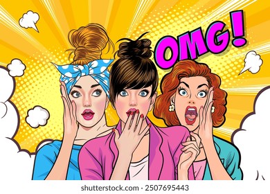 Woman whispering gossip or secret to her friend surprise In Retro Vintage Pop Art Comic Style