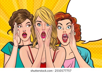 Woman whispering gossip or secret to her friend surprise In Retro Vintage Pop Art Comic Style