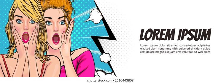 Woman whispering gossip or secret to her friend surprise In Retro Vintage Pop Art Comic Style