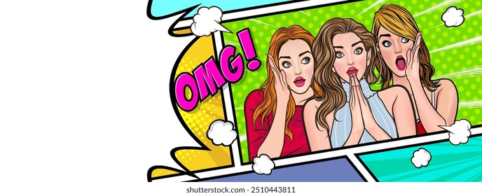 Woman whispering gossip or secret to her friend surprise In Retro Vintage Pop Art Comic Style