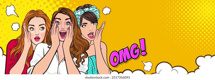 Woman whispering gossip or secret to her friend surprise In Retro Vintage Pop Art Comic Style