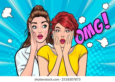 Woman whispering gossip or secret to her friend surprise In Retro Vintage Pop Art Comic Style
